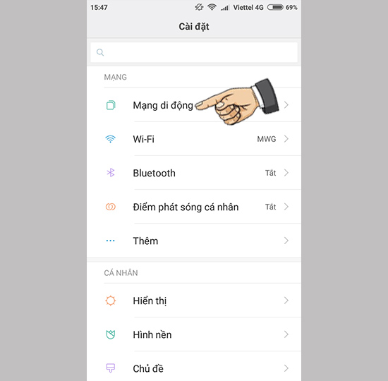 Vào cài đặt thẻ Sim